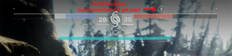 Here, you can see that the other team has more banked 35 motes to my team’s 28, but we’re both about halfway between our first and second portal summon. There’s also a small indicator that comes up to show when the other team has a live portal on their side, which means I should prepare for an Invader.
